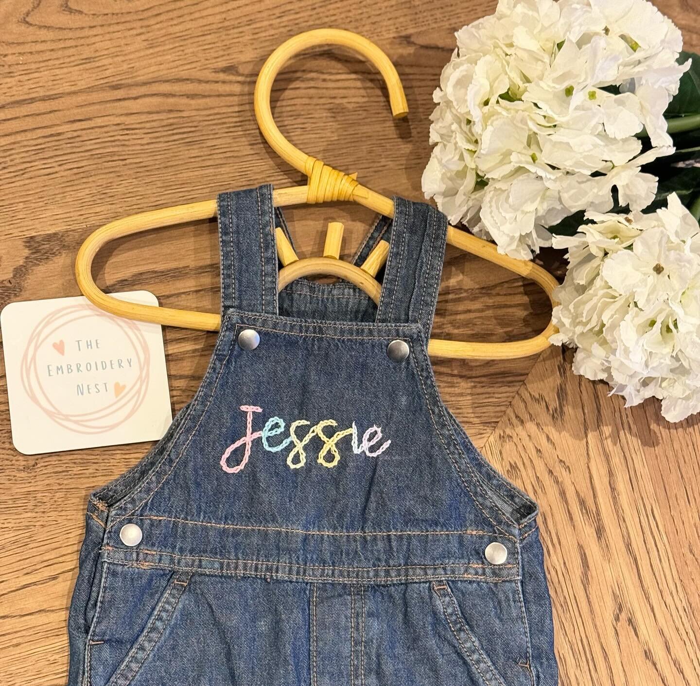 When it&rsquo;s grey and miserable outside but your planning for spring 🌸

Cotton denim dungarees, personalised with pastel alternating threads 🩵 ~ coming soon to our Etsy store. 

#babyclothes #personalisedbabywear #babywear #handembroidery #embro