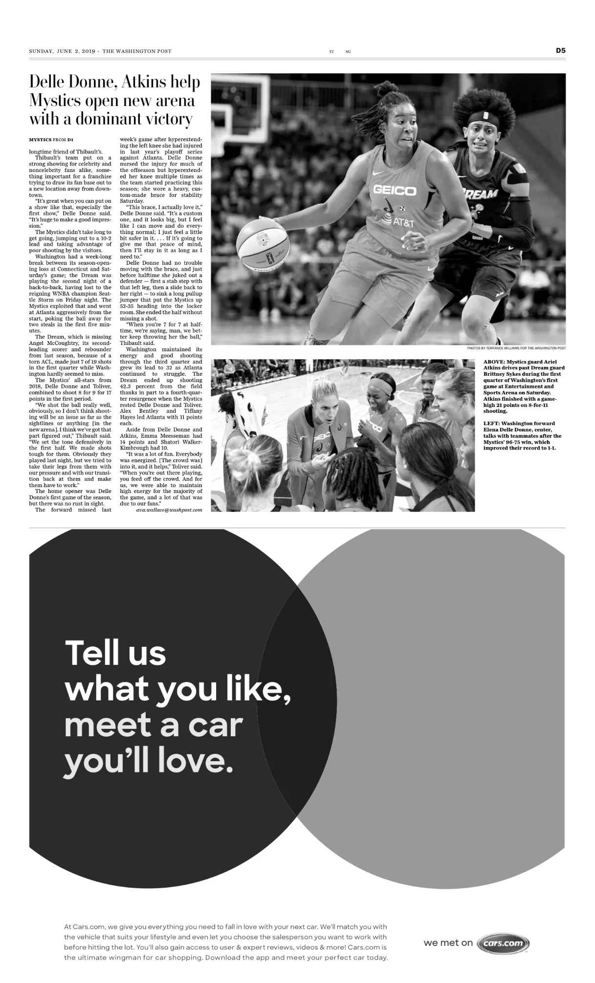 The Washington Post published on 06.02.2019 Article: Delle Donne, Atkins help Mystics open new arena with a dominant victory