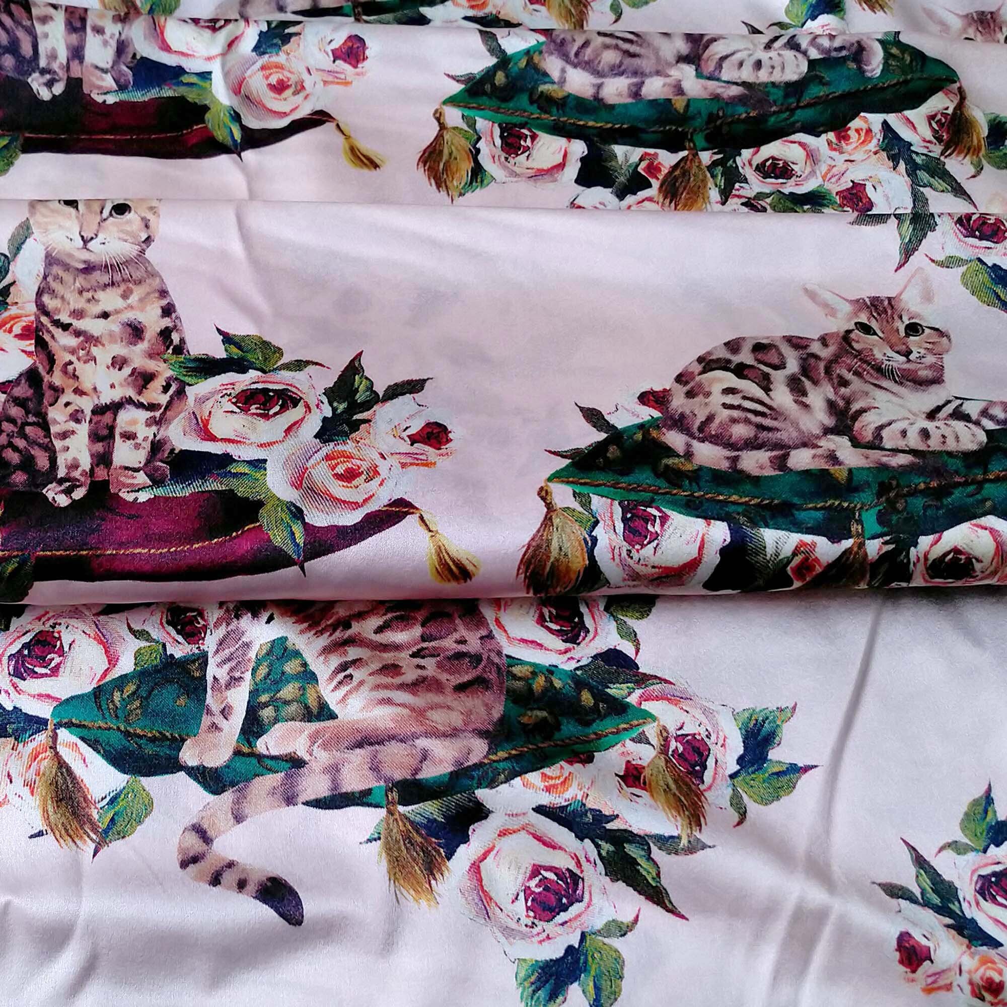 cat print silk charmeuse fabric pink 19momme by the yard|online shipping>miaofashion.me — Miaofashion.me