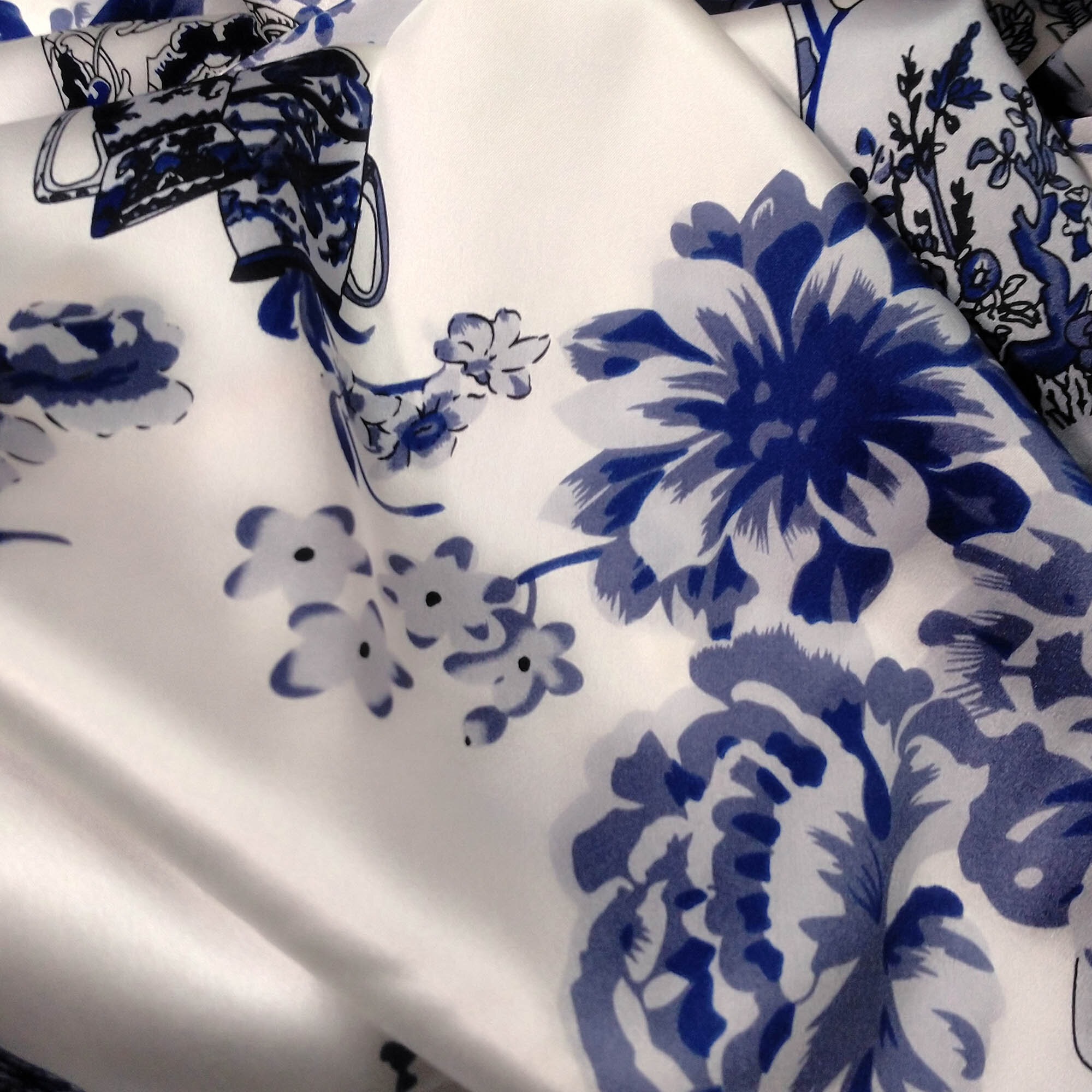 Stretch silk charmeuse satin fabric blue and white porcelain print by the  yard free shipping online —