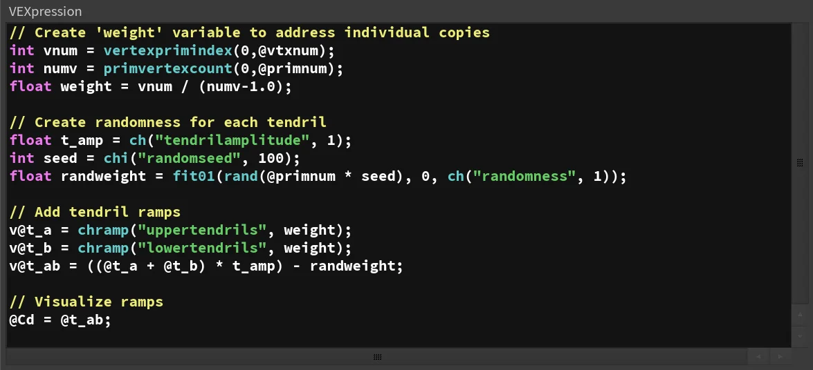 This code adds weighted ramps to the input curve which allows me to control how “laggy” the tentacles are while they are in motion