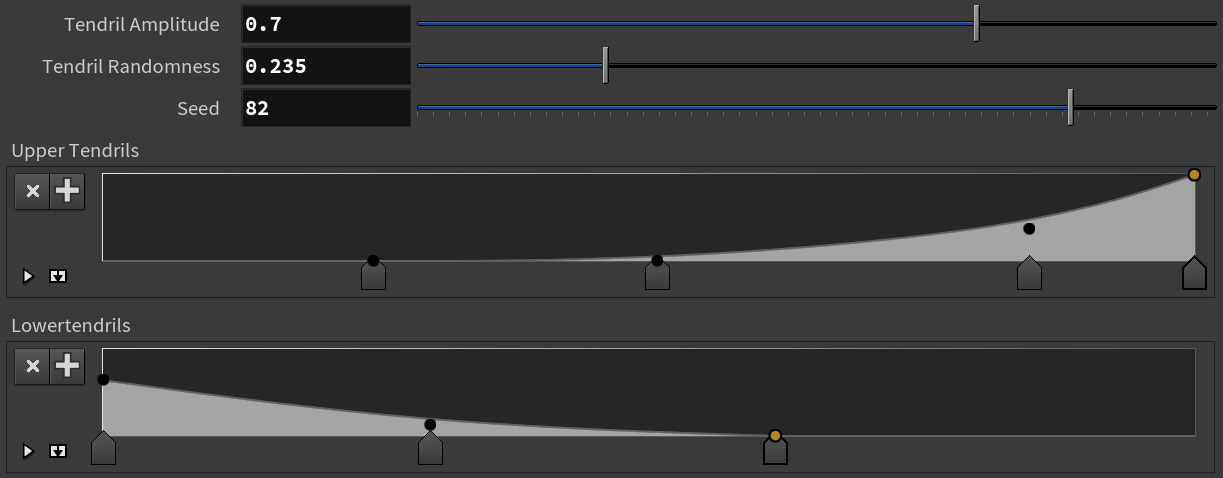 Higher values on the curves will make the tentacles stretch more as they increase in velocity. The above setup limits the stretching to the ends of the tentacles.