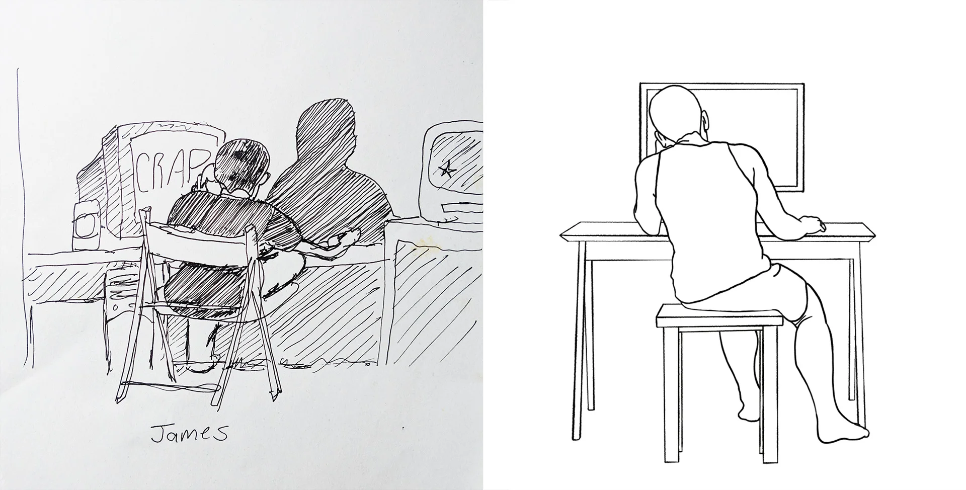 The catalyst for the final concept was this sketch that my brother made of me back in ‘97. Not much has changed.