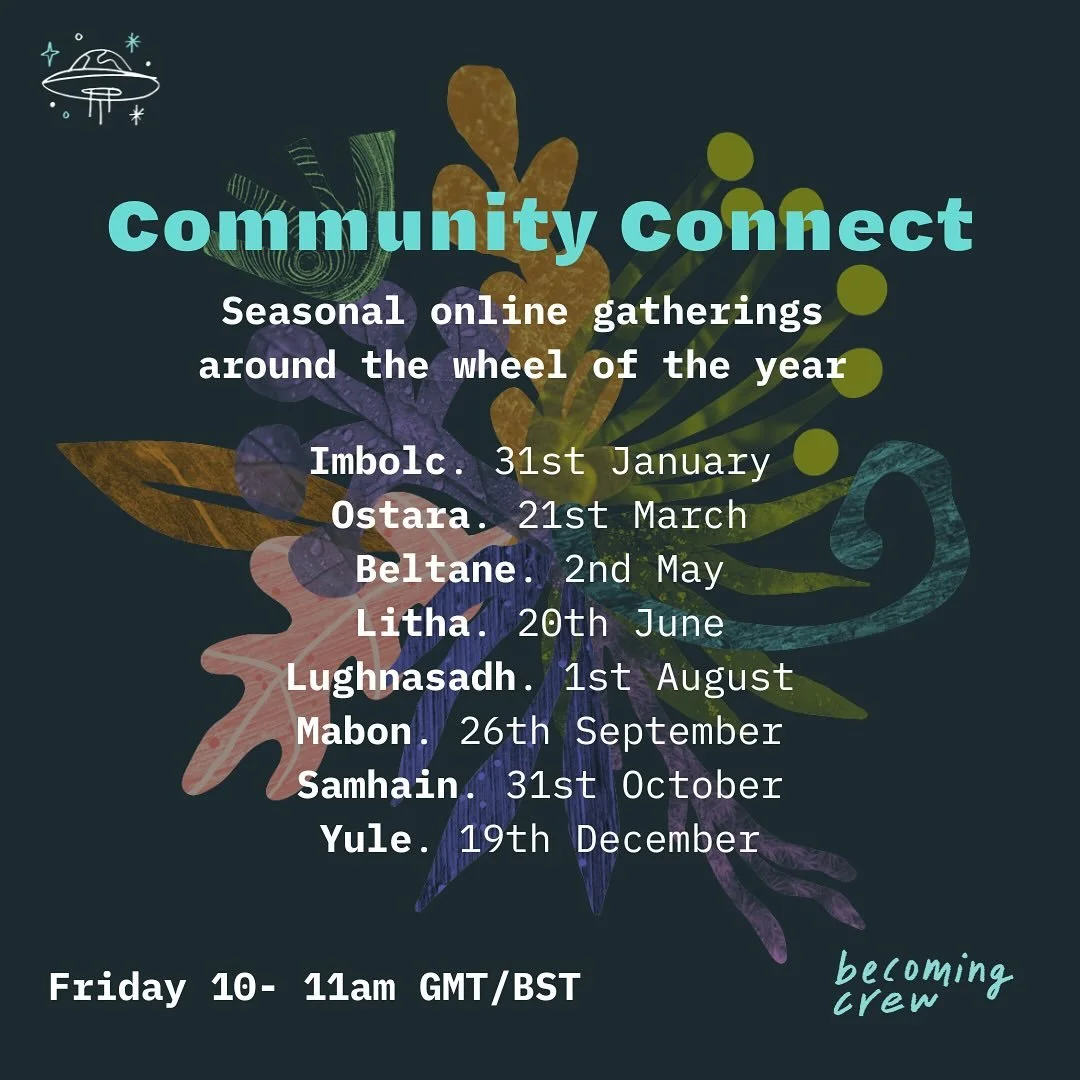 Becoming Crew Samhain gathering
We’re reached the point in the wheel of the year where Samhain is upon us, the portal into to the dark half of the year. Ending and beginning.
We will gather again as a crew community on zoom at 10am Friday 31s