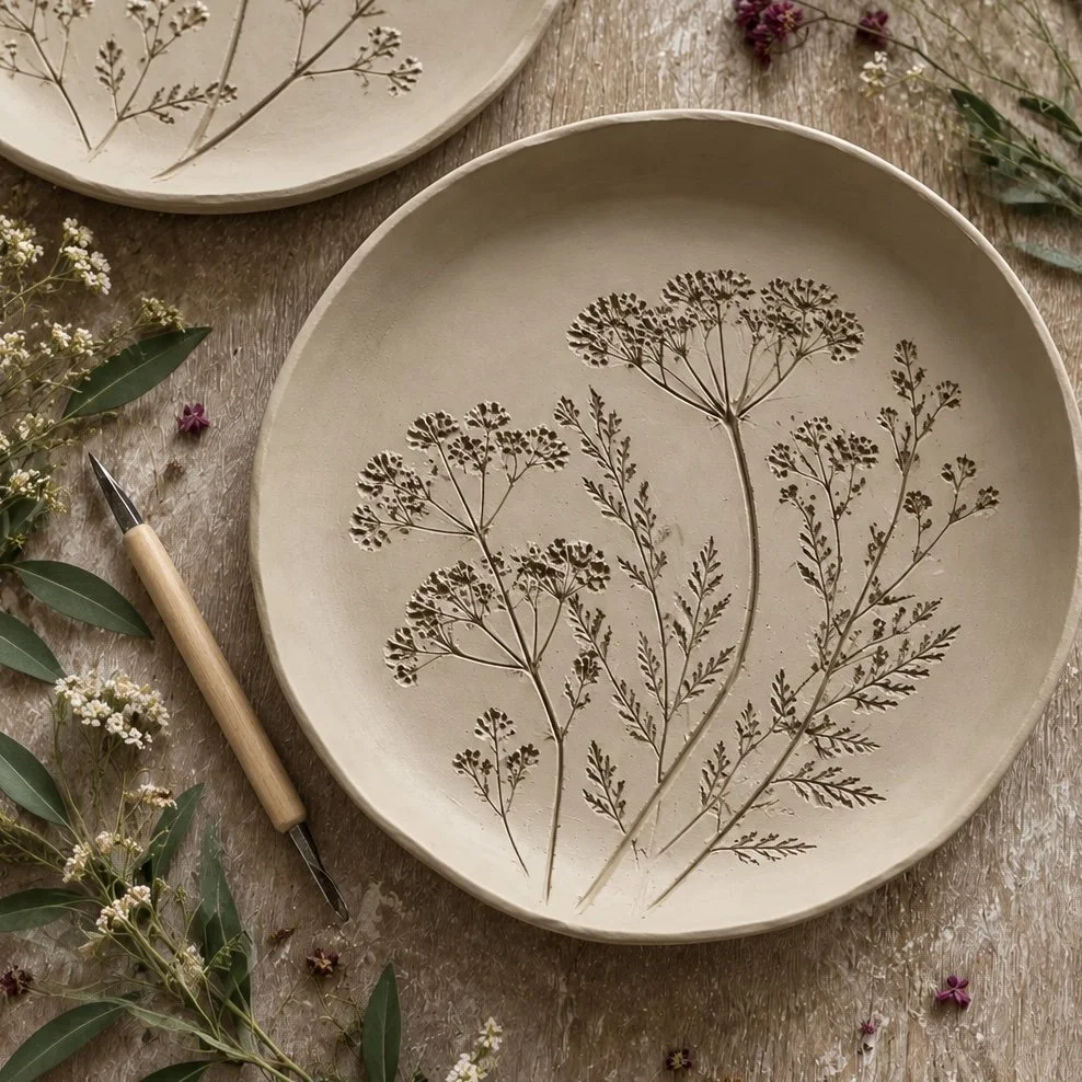 Make a Floral Imprinted Ceramic Plate PM — Micklems Farm | Art Classes ...