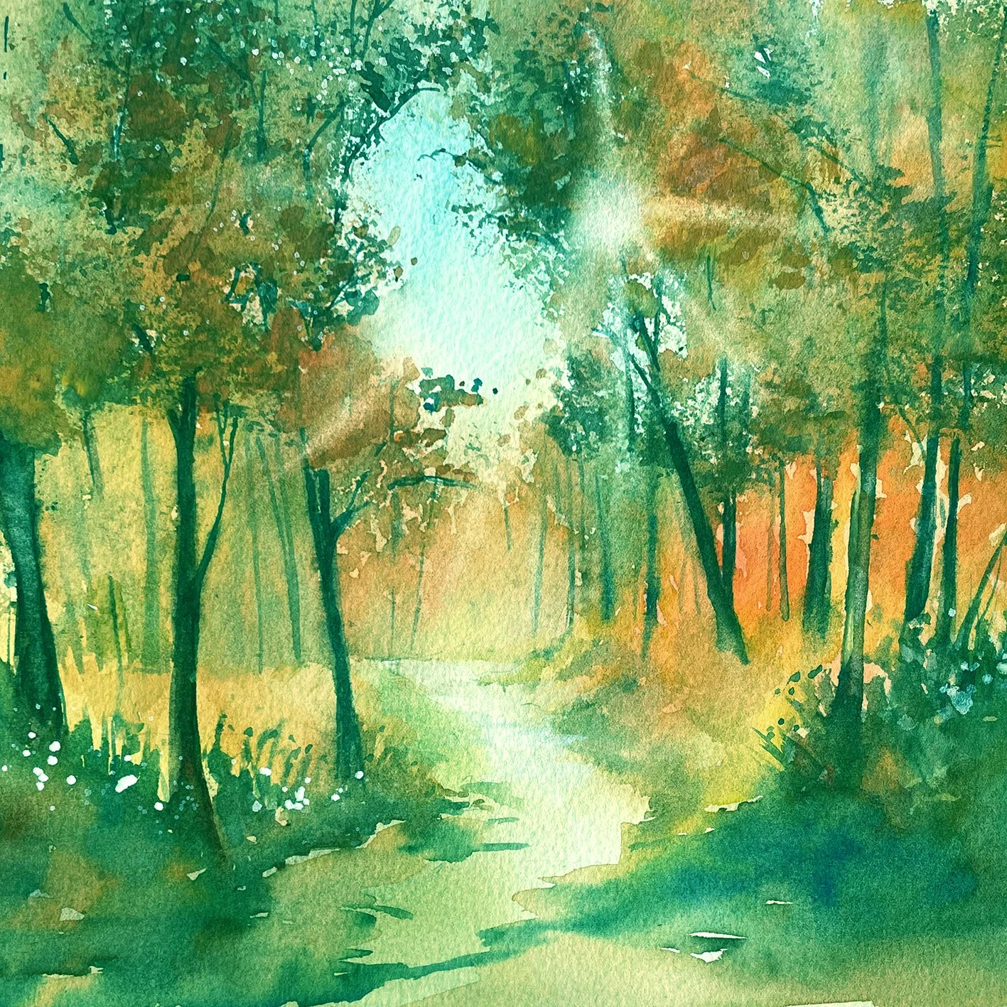 FOREST LIGHT: A WOODLAND PATH IN WATERCOLOUR