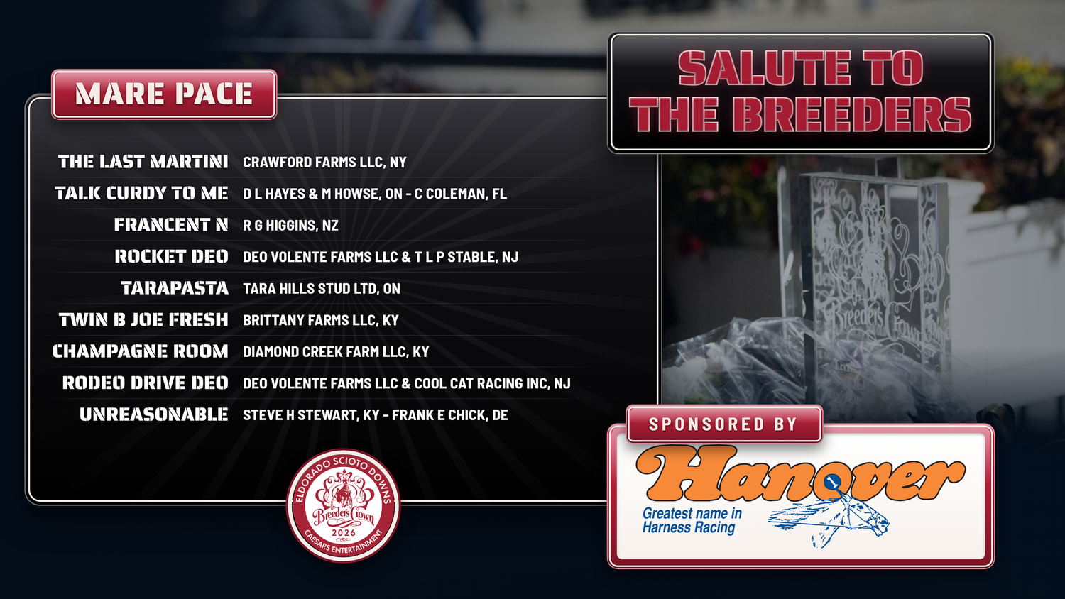 Salute to the Breeders, Mare Pace, sponsored by Hanover: The Last Martini, Crawford Farms LLC, NY; Talk Curdy To Me, D L Hayes & M Howse, ON, and C Coleman, FL; Francent N, R G Higgins, NZ; Rocket Deo, Deo Volente Farms LLC & T L P Stable, NJ; Tarapasta, Tara Hills Stud Ltd, ON; Twin B Joe Fresh, Brittany Farms LLC, KY; Champagne Room, Diamond Creek Farm LLC, KY; Rodeo Drive Deo, Deo Volente Farms LLC & Cool Cat Racing Inc, NJ; Unreasonable, Steve H Stewart, KY, and Frank E Chick, DE.