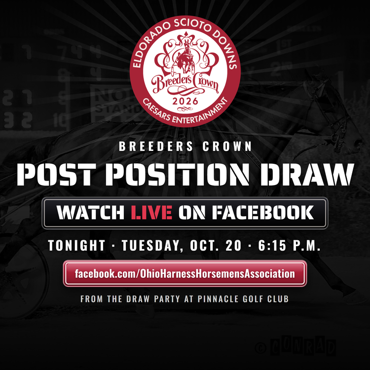 Breeders Crown Post Position Draw: watch live on Facebook tonight, Tuesday, Oct. 20 at 6:15 p.m., facebook.com/OhioHarnessHorsemensAssociation, from the Draw Party at Pinnacle Golf Club.