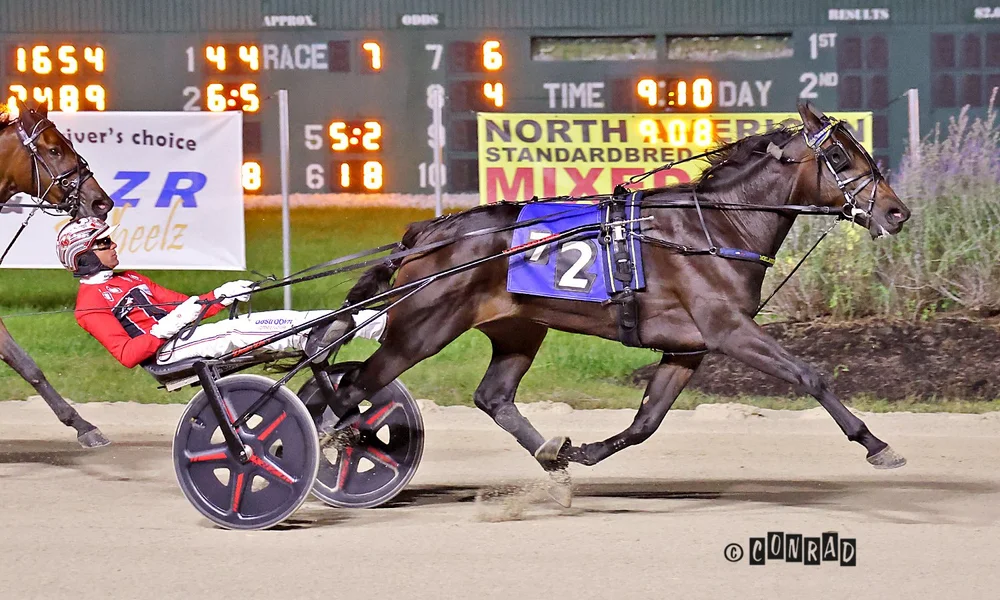 Two Day Hangover wins the second Breeders Crown 2-Year-Old Filly Trot elimination at Eldorado Scioto Downs