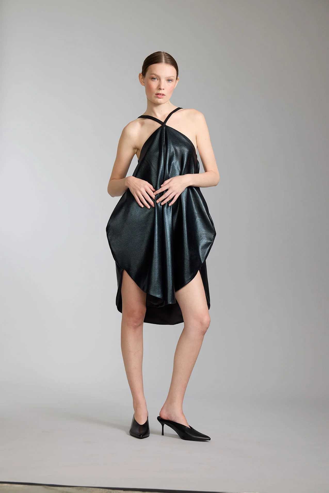 Look5-Shot6-11_SlipDress_FauxBlackLeatherInCoatedNylonwithDetachableCapeCollarSpaghettiStrapsAndSidePockets_kottkomm_circlecollection.jpg