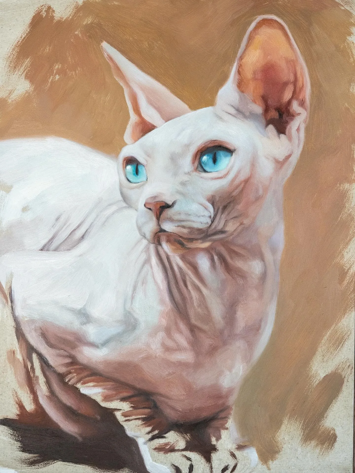 Meet my latest muse: a Sphynx. I loved chasing every shade of white and sculpting each wrinkle&mdash;oh, and those intense blue eyes. 💙
P.S. I was quiet for a bit&mdash;my computer died! Back now and painting.
Swipe to get a little closer to the pai