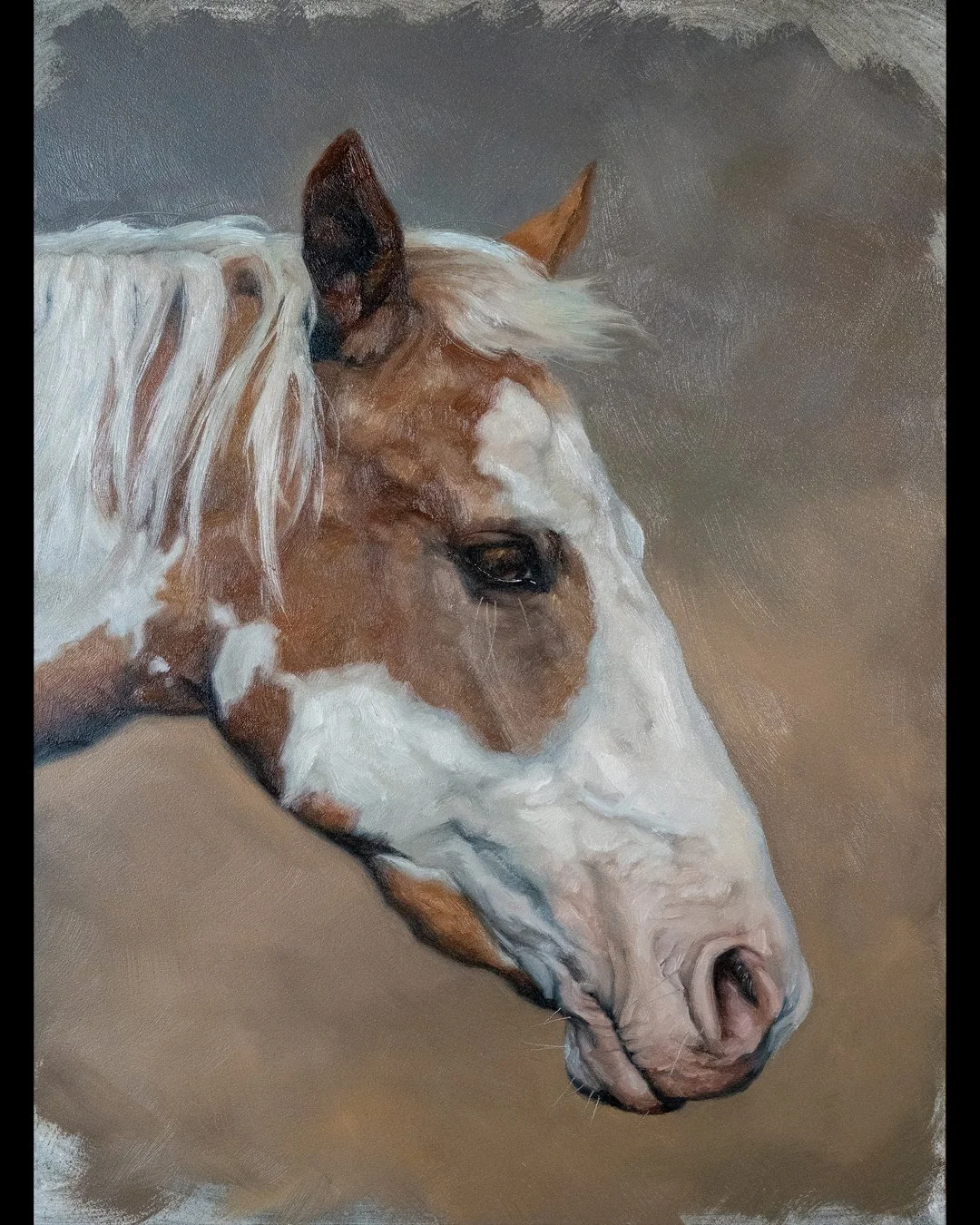 Working on this piece brought back a lot of memories from when I used to ride years ago. I used to care for a skewbald mare named India&mdash;she was incredibly noble and beautiful, and even though the markings are different, this painting reminded m