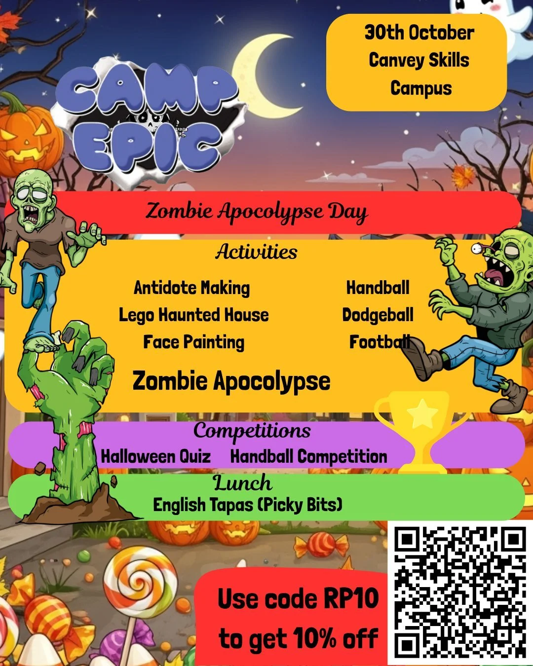 Get Ready for Zombie Apocalypse Day at Camp Epic!
Calling all brave adventurers! Zombie Apocalypse Day at Camp Epic is packed with spooky fun, creative challenges, and plenty of ways for kids to let their imaginations run wild.
Campers will jump in