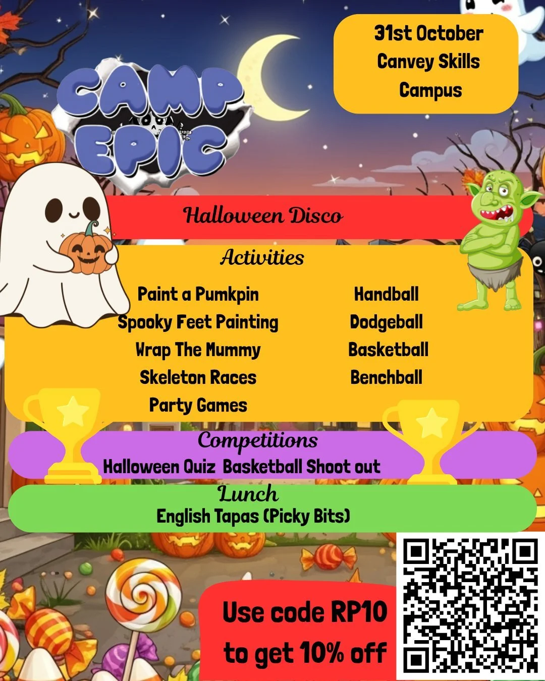 Finish the Week with Our Spooktacular Halloween Disco at Camp Epic!
End the week on a high with a day packed full of Halloween fun, creativity, and celebration at our Halloween Disco! Campers can get into the spooky spirit with activities like paint