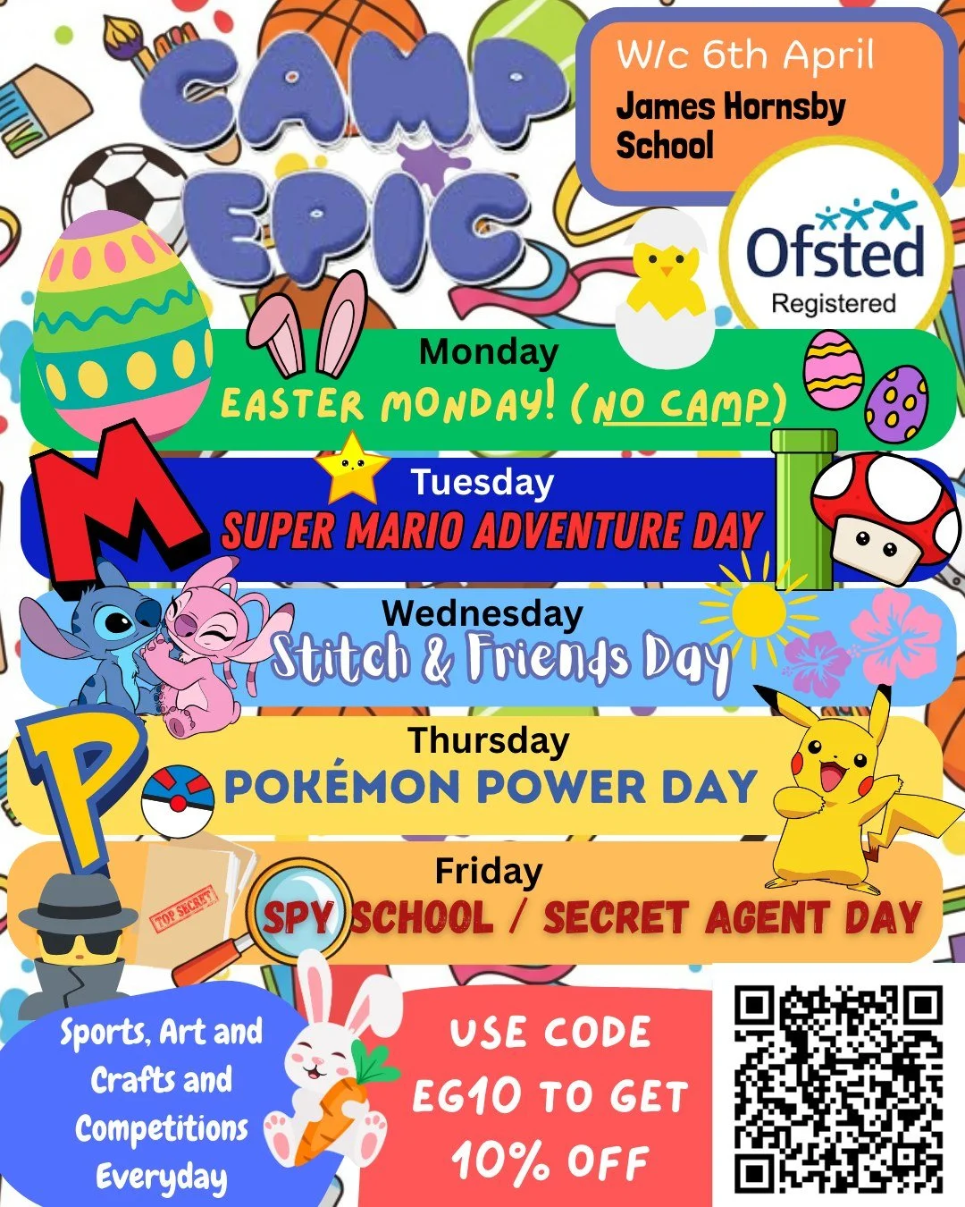 🐣🐰🌼☀️EASTER CAMP LINE-UPS HAVE LANDED!!!! We still have spaces available at all 3 sites: Basildon, Canvey &amp; Gray BUT, spaces are now limited. Simply scan the QR code on the flyer for the site you wish to book (see top right of each image) &amp