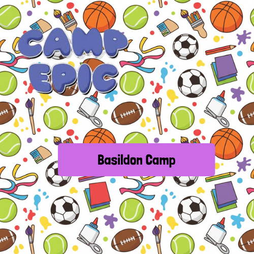 Colorful pattern of sports and art supplies, including tennis balls, basketballs, soccer balls, notebooks, paint brushes, glue bottles, and ribbons. Text overlay reading 'Camp Epic' with a purple banner stating 'Basildon Camp'.