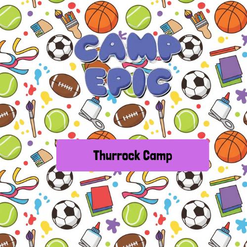 Camp Epic logo with colorful sports balls, art supplies, and confetti background, and a purple banner with the text 'Thurrock Camp'.