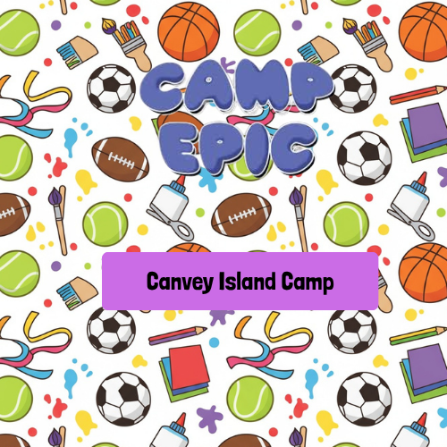 Colorful cartoon pattern with sports balls, paintbrushes, books, glue bottles, and ribbons, with text 'CAMP EPIC' in large letters and 'Canvey Island Camp' on a purple banner.