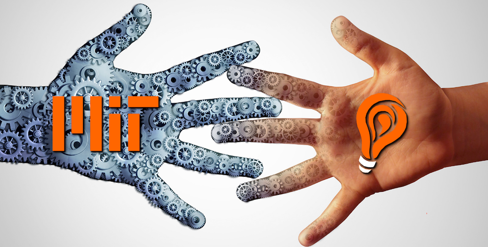 Two hands shaking, with two logos of MIT and NoticeAbility lightbulb