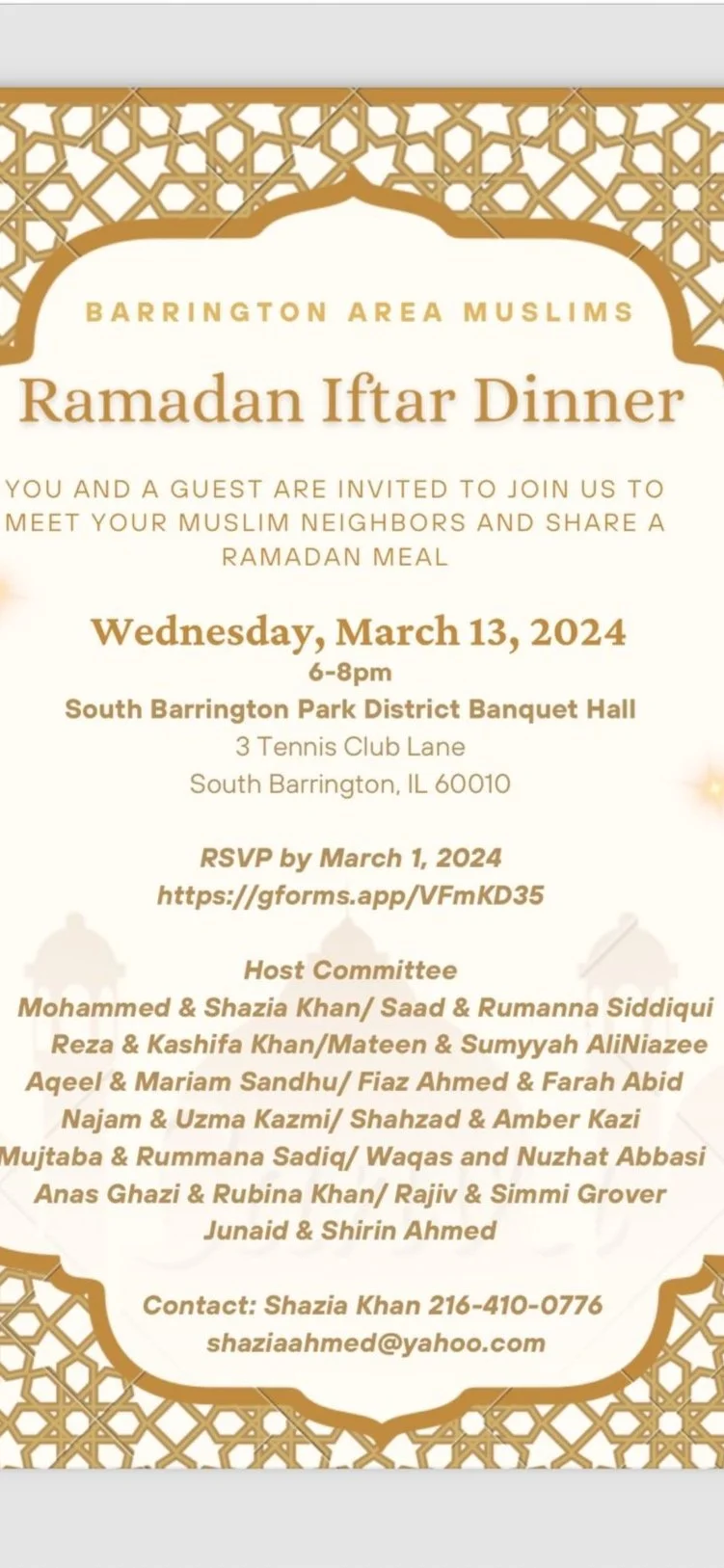 Barrington Area Muslims: Ramadan Iftar Dinner