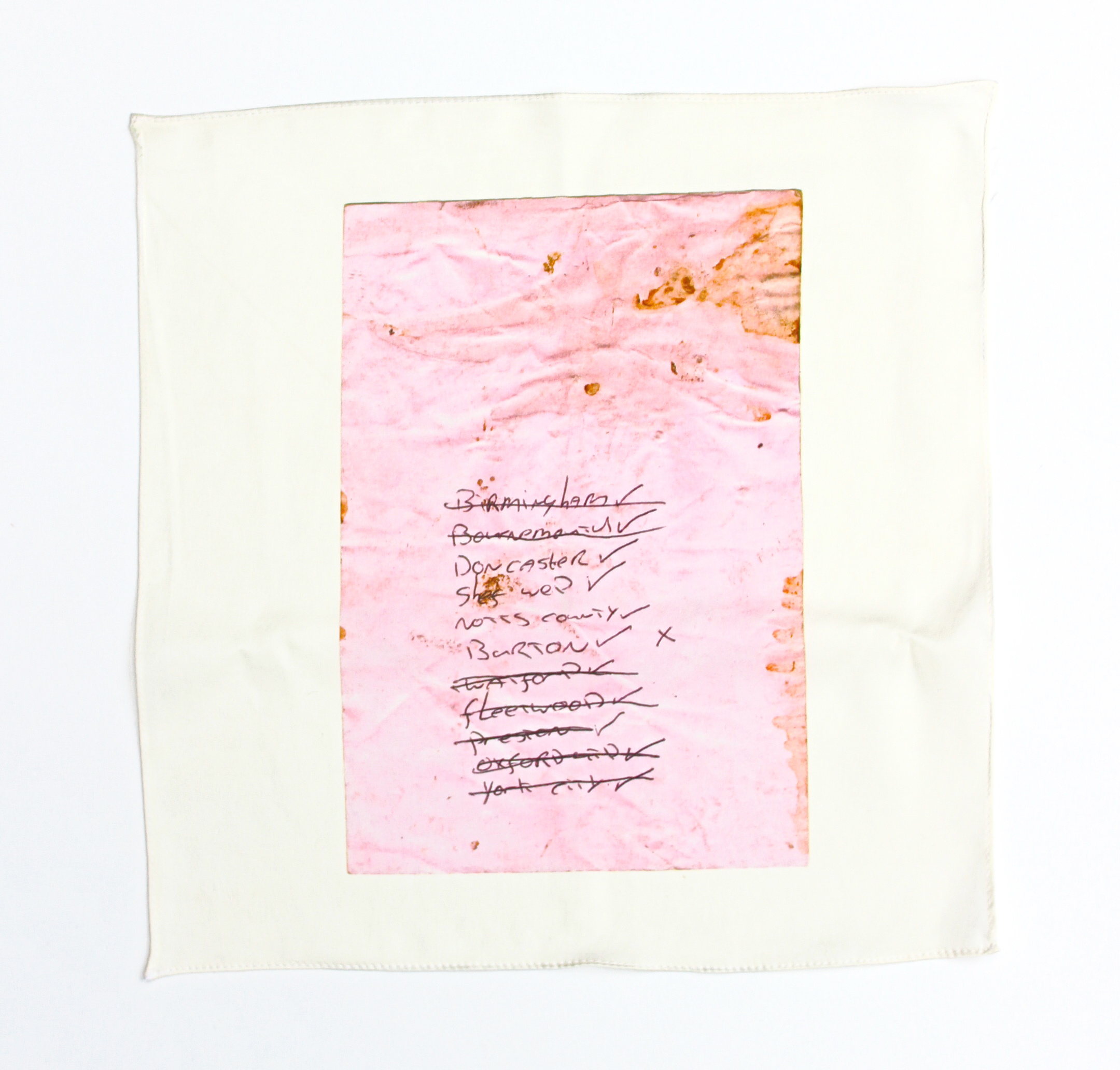 Found note silk hankie (Notts County) , 2018, 100% silk satin with hand stitched edge