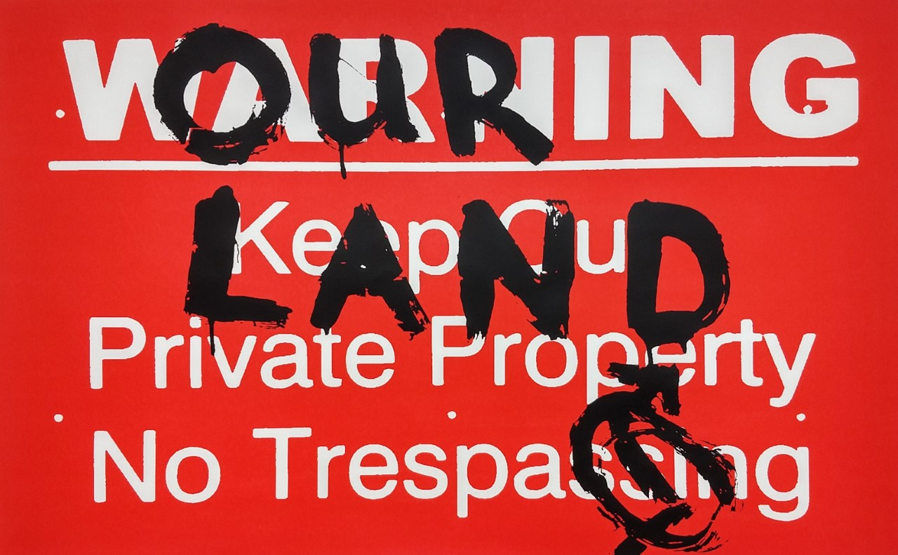 John Angus, Our Land / Warning - Freeman’s Wood (2019). Screen print on paper