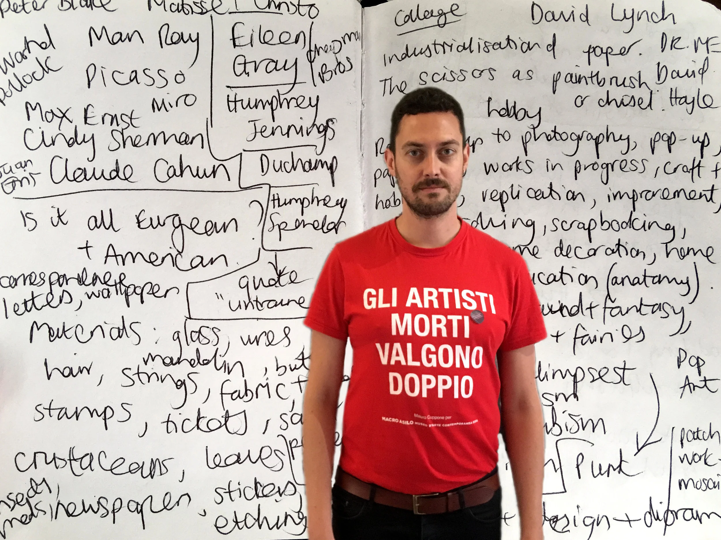 Greg Thorpe and Oisin Share, Greg with notes for his essay (2019). Digital collage