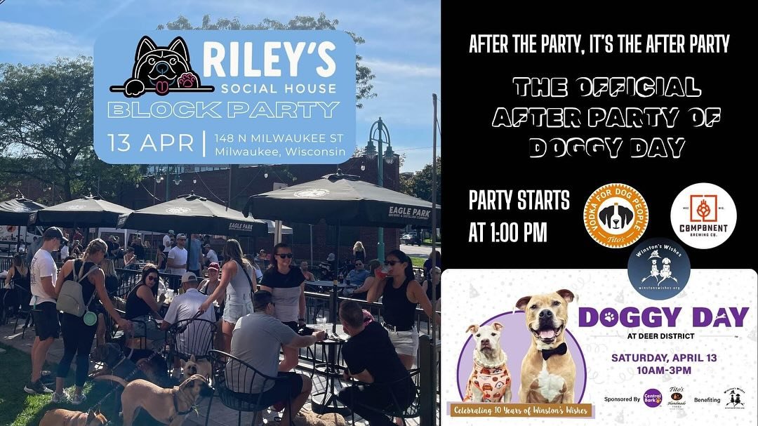 We are so excited to share that our amazing friends at Riley&rsquo;s Sandwich Co. &amp; Social House are hosting the OFFICIAL Doggy Day at Deer District After Party with Tito&rsquo;s Handmade Vodka!! 🐾🎉 

📅 Saturday, April 13th
⏰ 1pm-6pm
📍 @riley