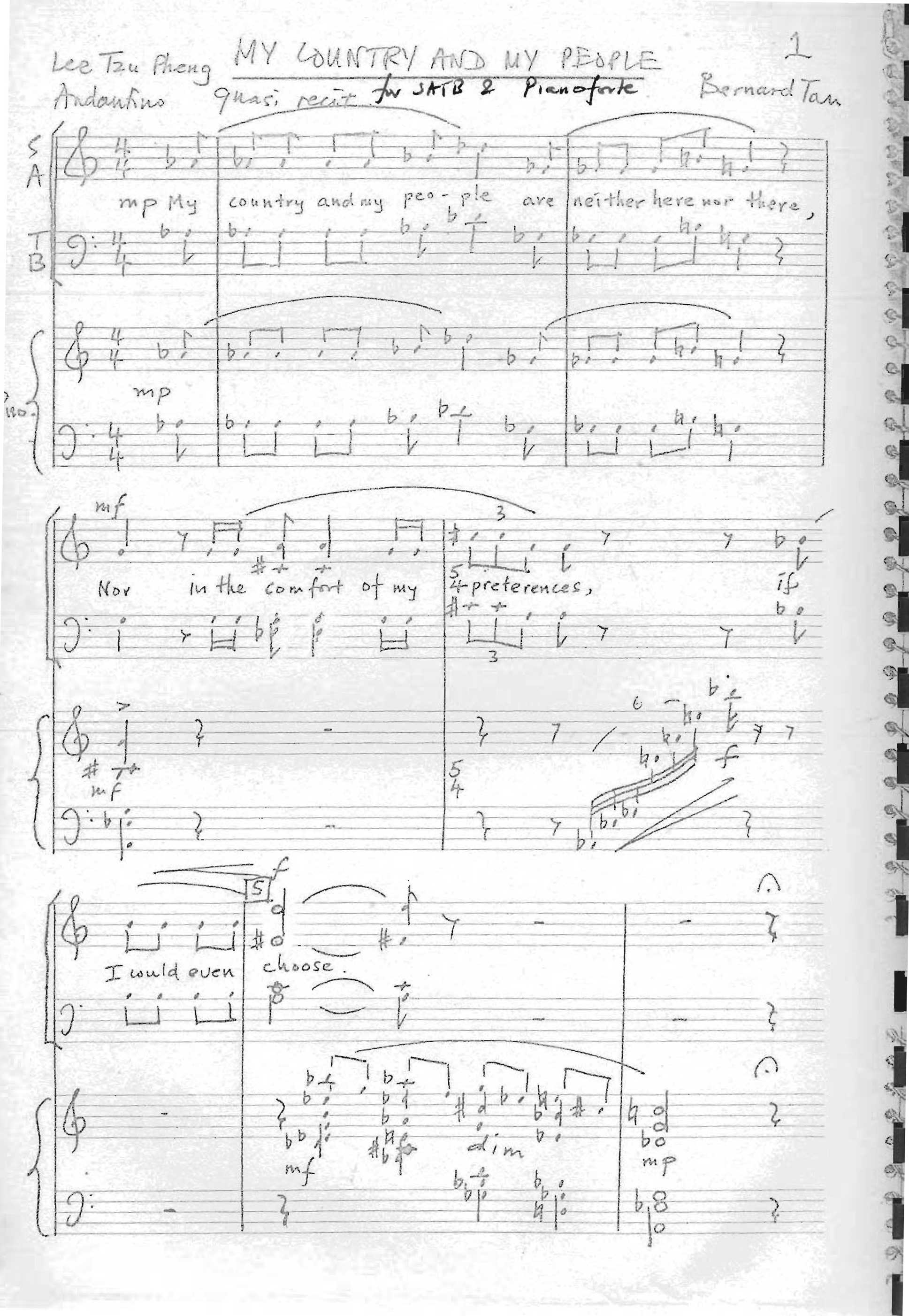 Bernard TAN: My Country and My People, for SATB choir and piano (text by Lee Tzu Pheng) (1977)