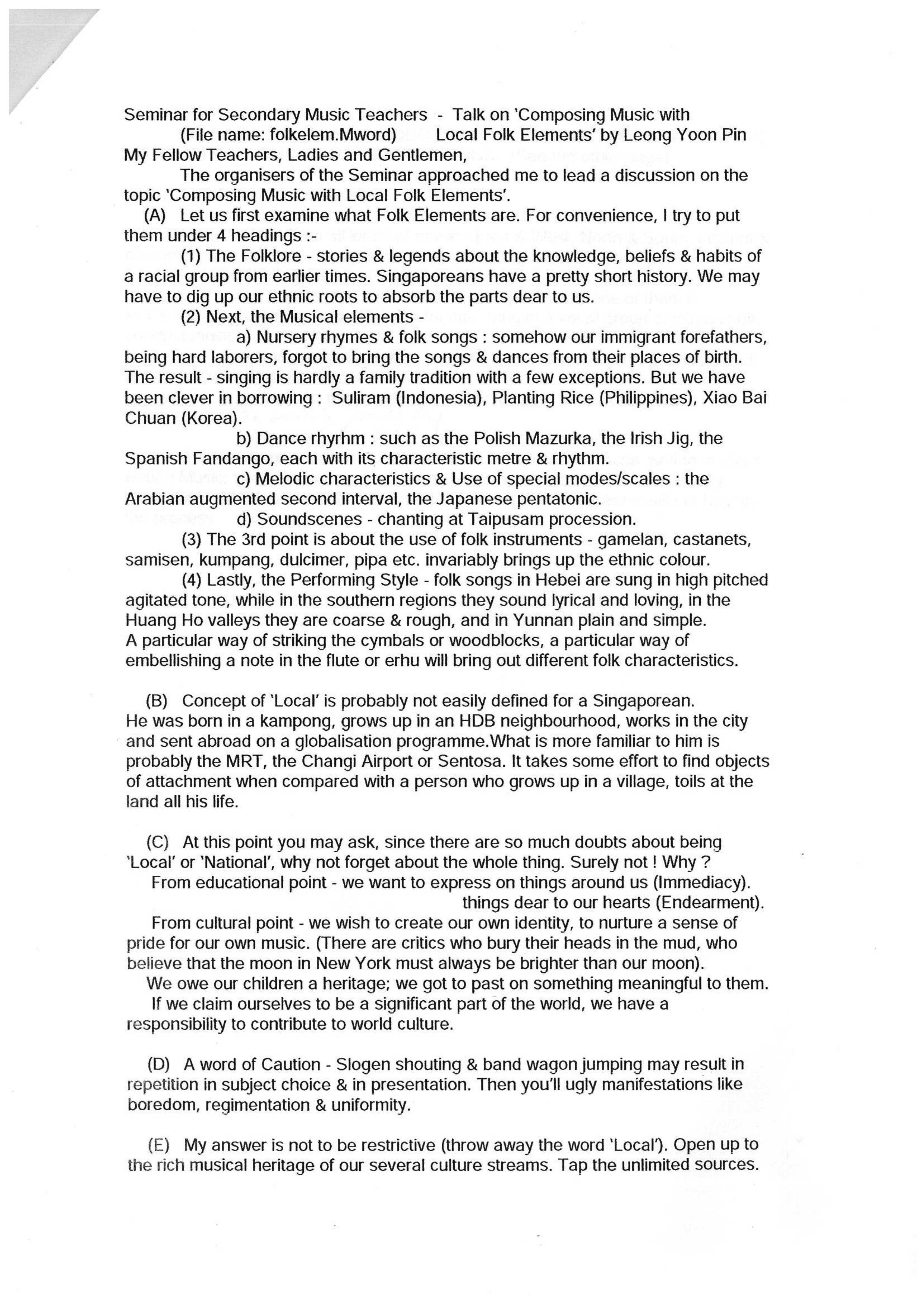 Draft notes for a seminar on “Composing music with local folk elements”