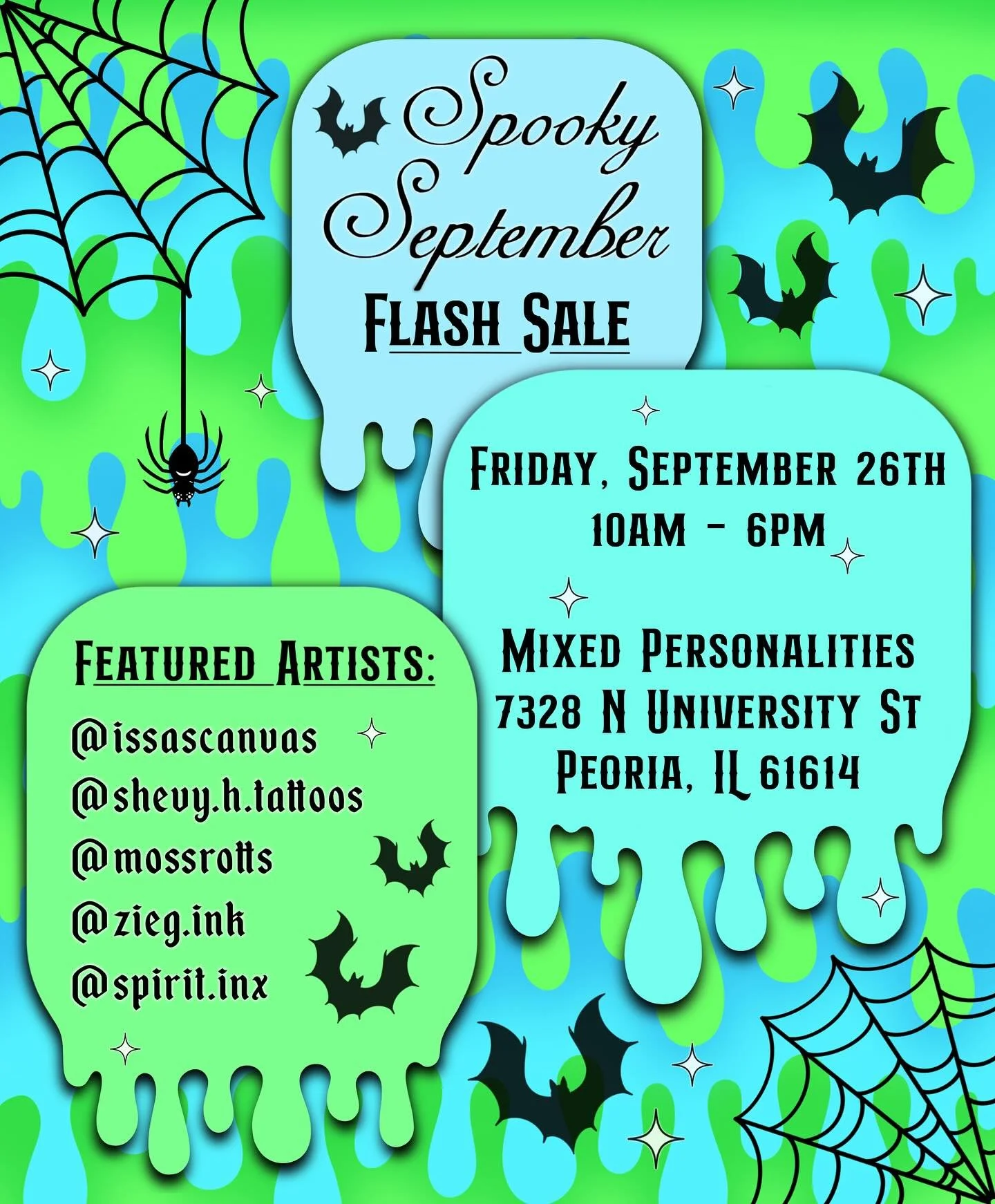 🕸️ So stoked to announce Mixed Personalities is having a Spooky September Flash Event on the last Friday of the month!
Keep your eyes peeled for the flash sheet drop later. Appointments can be booked with the artist of your chosen design directly,