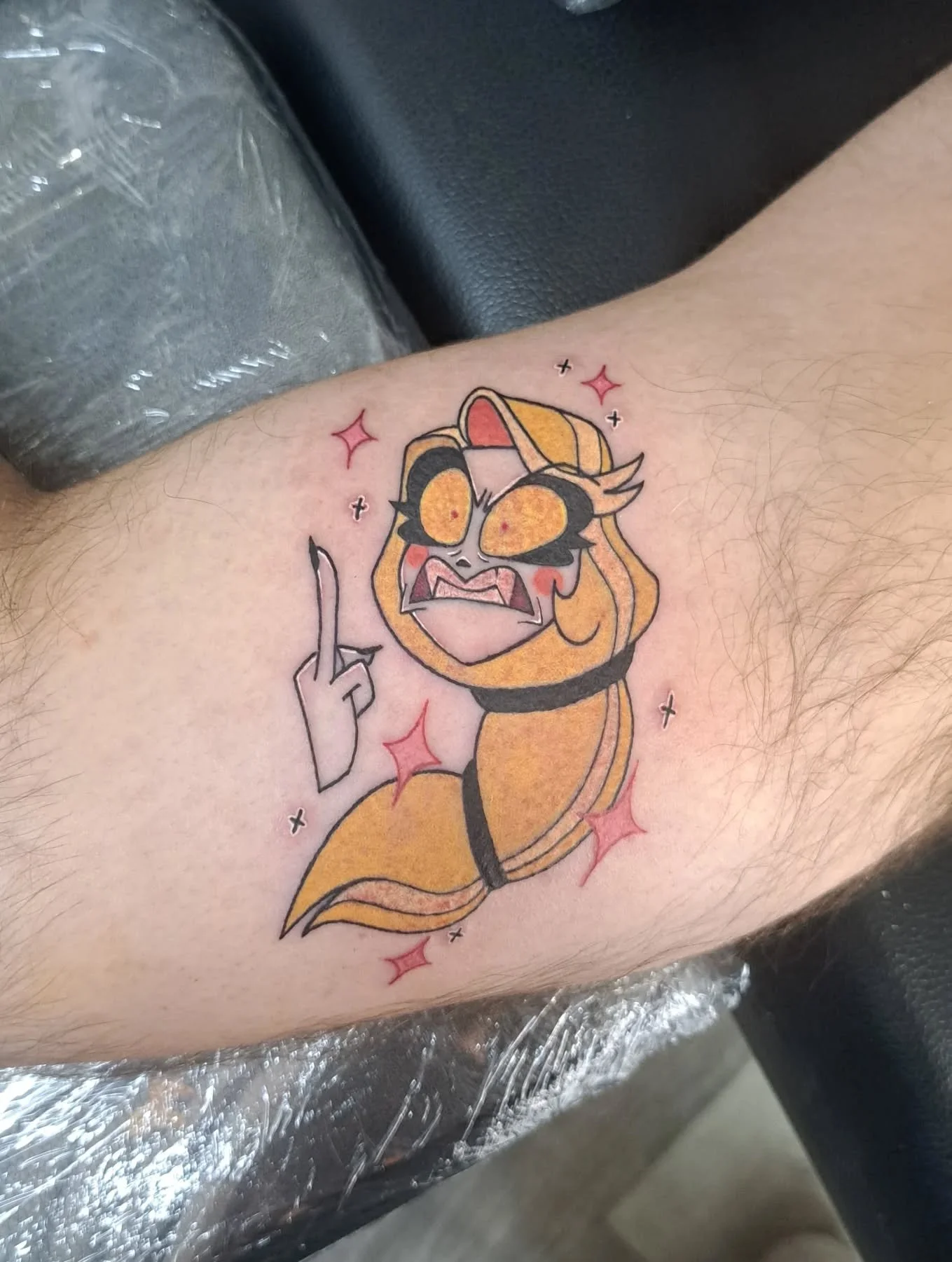 Princess Charlie Morningstar for @paige009 's husband! 👿 She said their daughter's name is Charlie and she acts just like her lol 🫶

#tattoo #tattoos #tattooartist #tattooshop #illinoistattooartist #art #hazbin #hazbinhotel #vivziepop #charliemorni