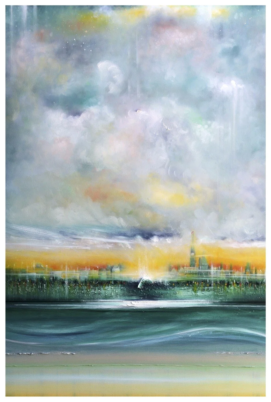Carbon Thoughts , by Nancyanne Cowell , 2016, oil mixed-media on two canvases, 48” x 36”.