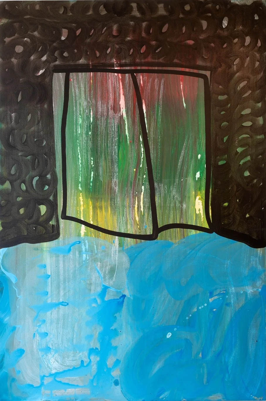 Behind the Falls, 2019. Acrylic on canvas, 48”x72”