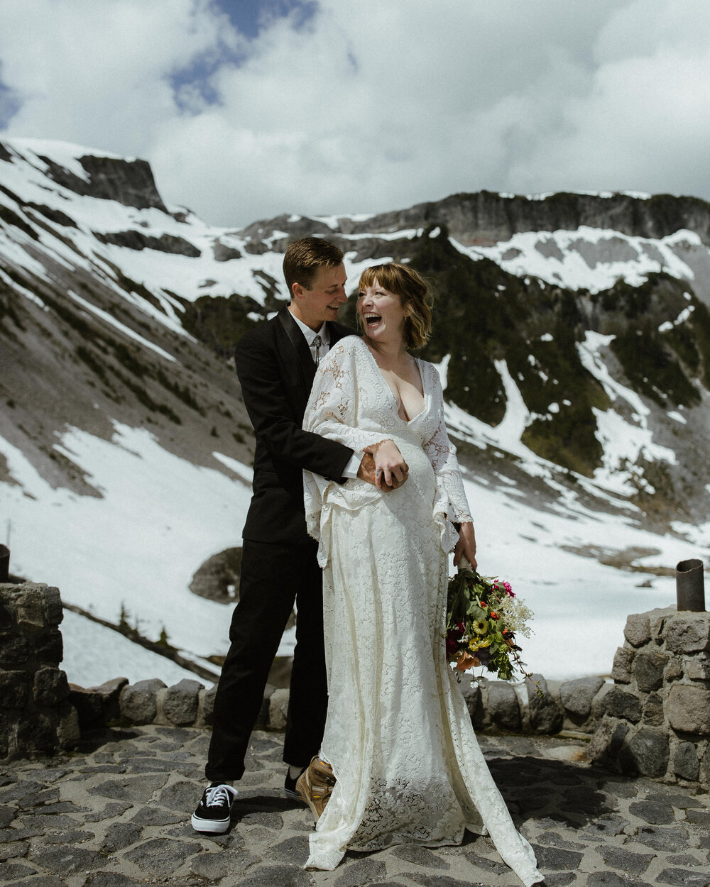 A portrait of a bride and groom married at Mt. Baker in a summer mountain elopement ceremony