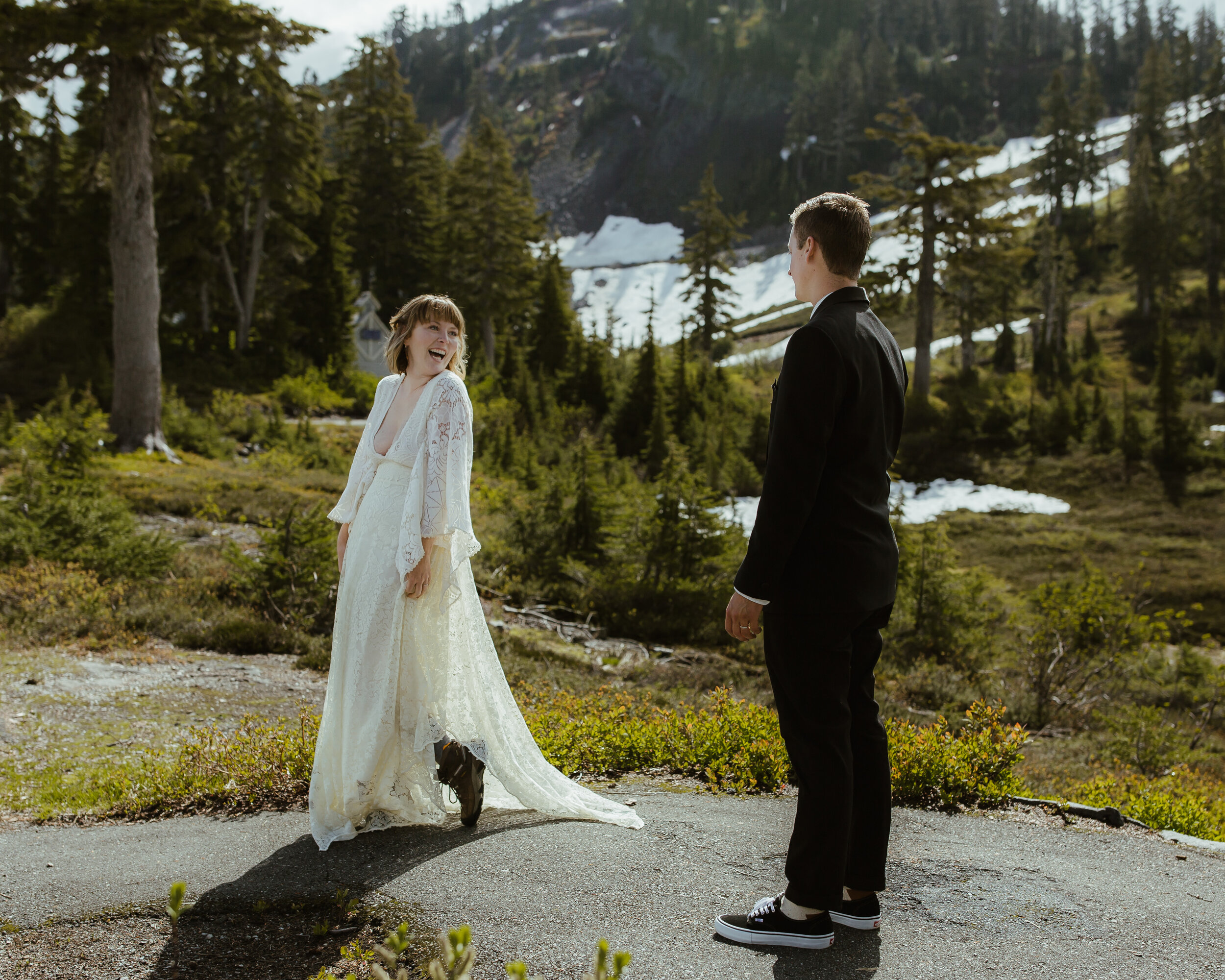 A bride and groom get married at Mt. Baker in a summer mountain elopement ceremony