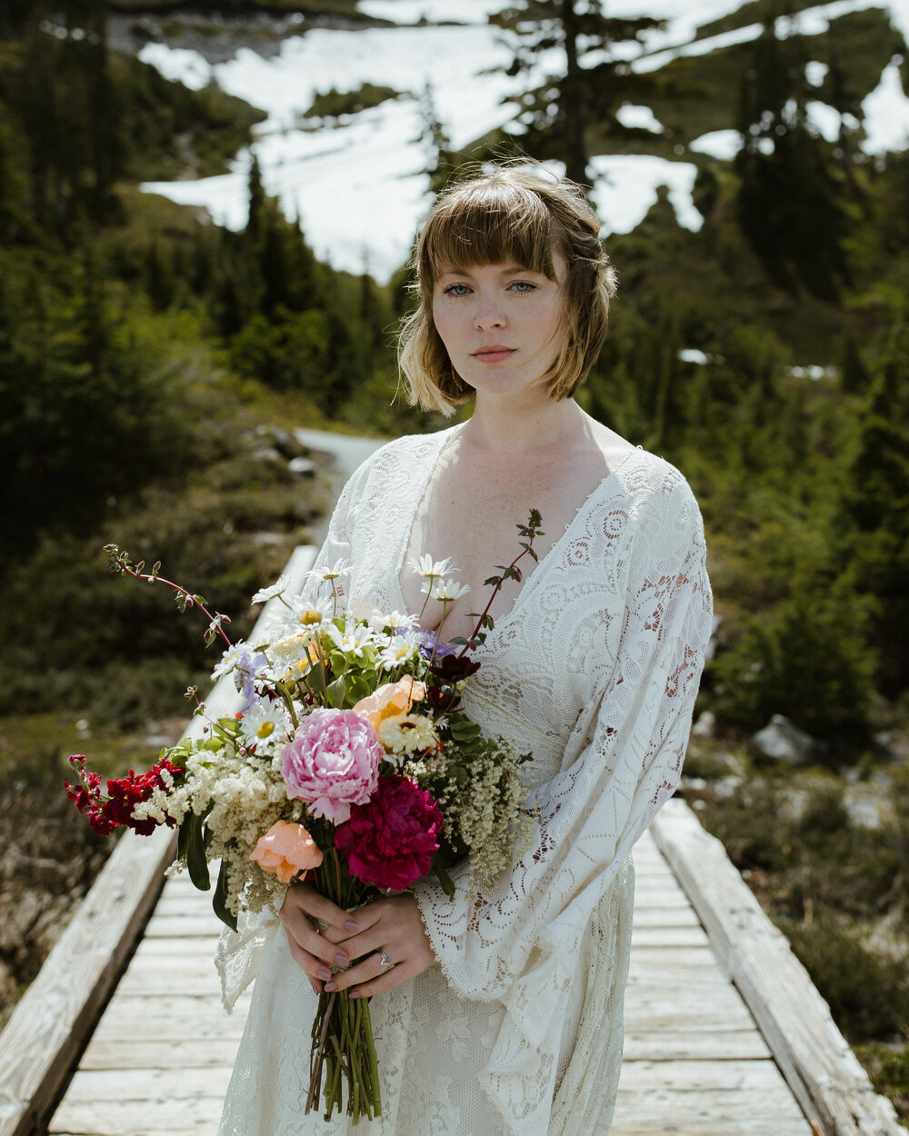 A bridal portrait of a bride and groom married at Mt. Baker in a summer mountain elopement ceremony