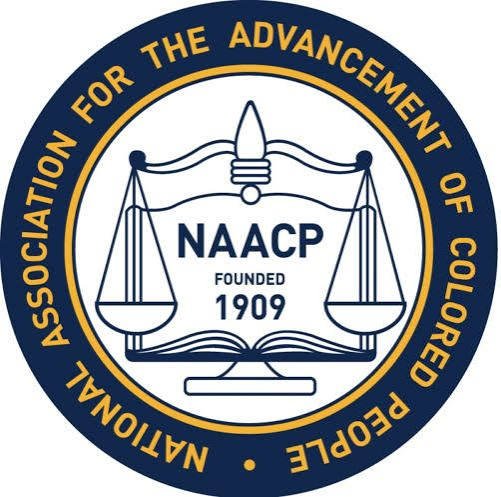 Logo of the NAACP featuring a scale, an open book, and a statue of Liberty torch, with the words "National Association for the Advancement of Colored People, founded 1909" encircling it.