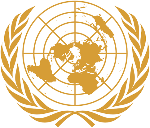United Nations emblem with a world map surrounded by olive branches, in gold color.