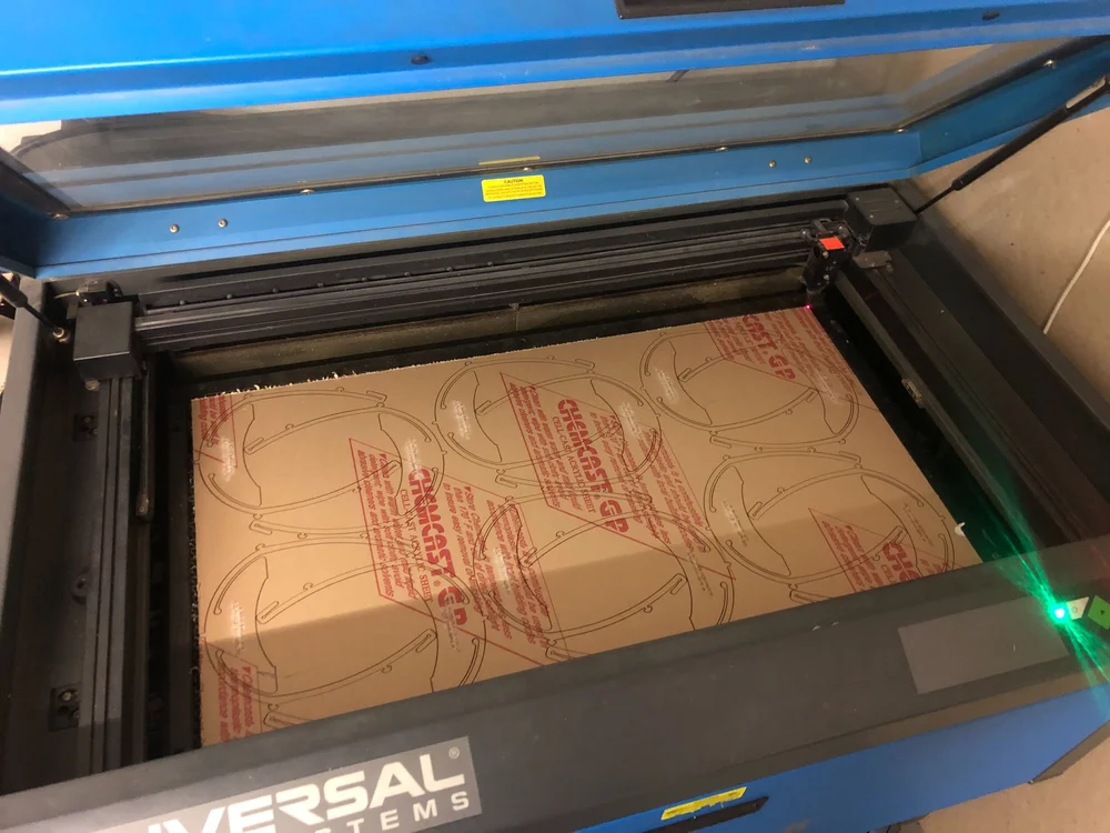 Using the laser cutter we can produce 12 face shield frames every 30 minutes