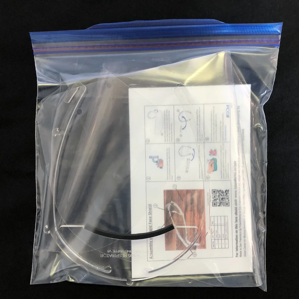 The face shield frames and sheet are delivered in a sealed plastic bag with printed instructions.   