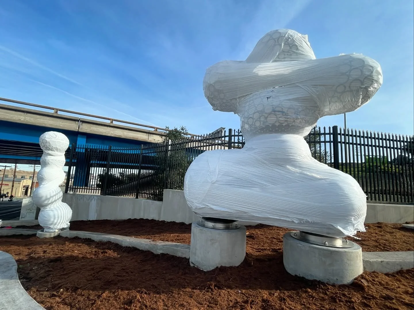 Our little &ldquo;Metamorphosis&rdquo; sculptures for the Potrero Gateway Park were finally installed this week! They&rsquo;ll be wrapped in white plastic until the park&rsquo;s opening ceremony - TBA soon! (Yes - we know they look like snowmen!?) Th