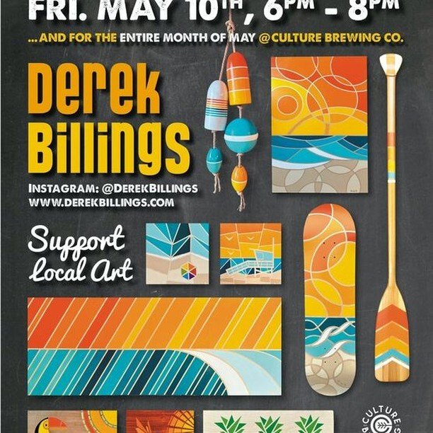 Manhattan Beach, get ready for your upcoming artist displaying for the month of May @derekbillings. We are stoked to welcome back Derek and his awesome bright and costal inspired art. Come see his art and enjoy a pint with him in person this Friday, 