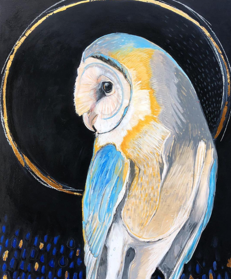 Eclipse - Nighttime darkness sweeps the day, as sunlit rays are stolen from the sky like golden arrows. Only in this silent kingdom of stars can the owl fly free, his glowing face an orb against the moon.Acrylic, oil pastel, graphite, Wood Panel
