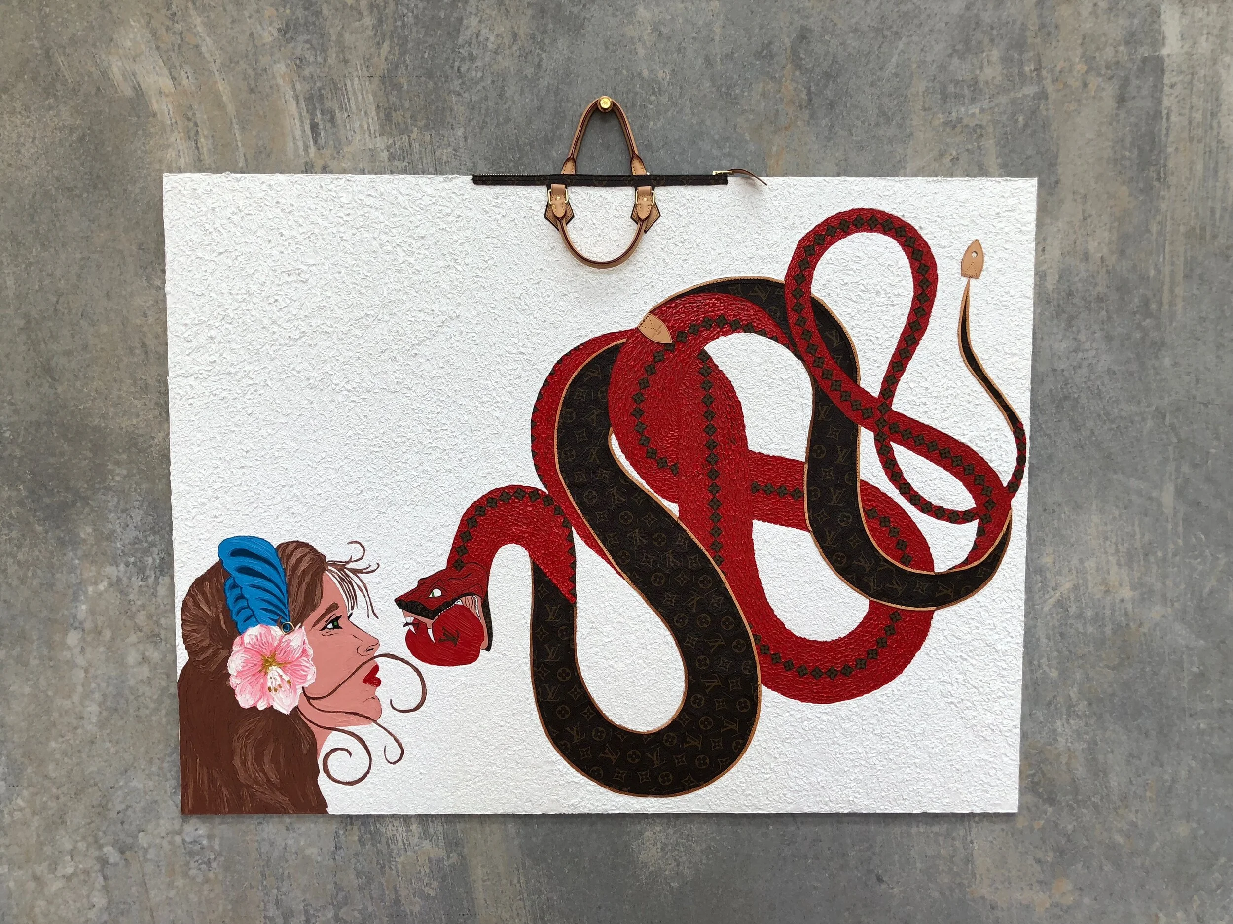 âme tentée - Eve, Lucifer &amp; The Forbidden Fruit FRONT | 1200 mm x 900mm | Oil Paint &amp; Authentic Louis Vuitton Speedy 35 NM MNG | 2019