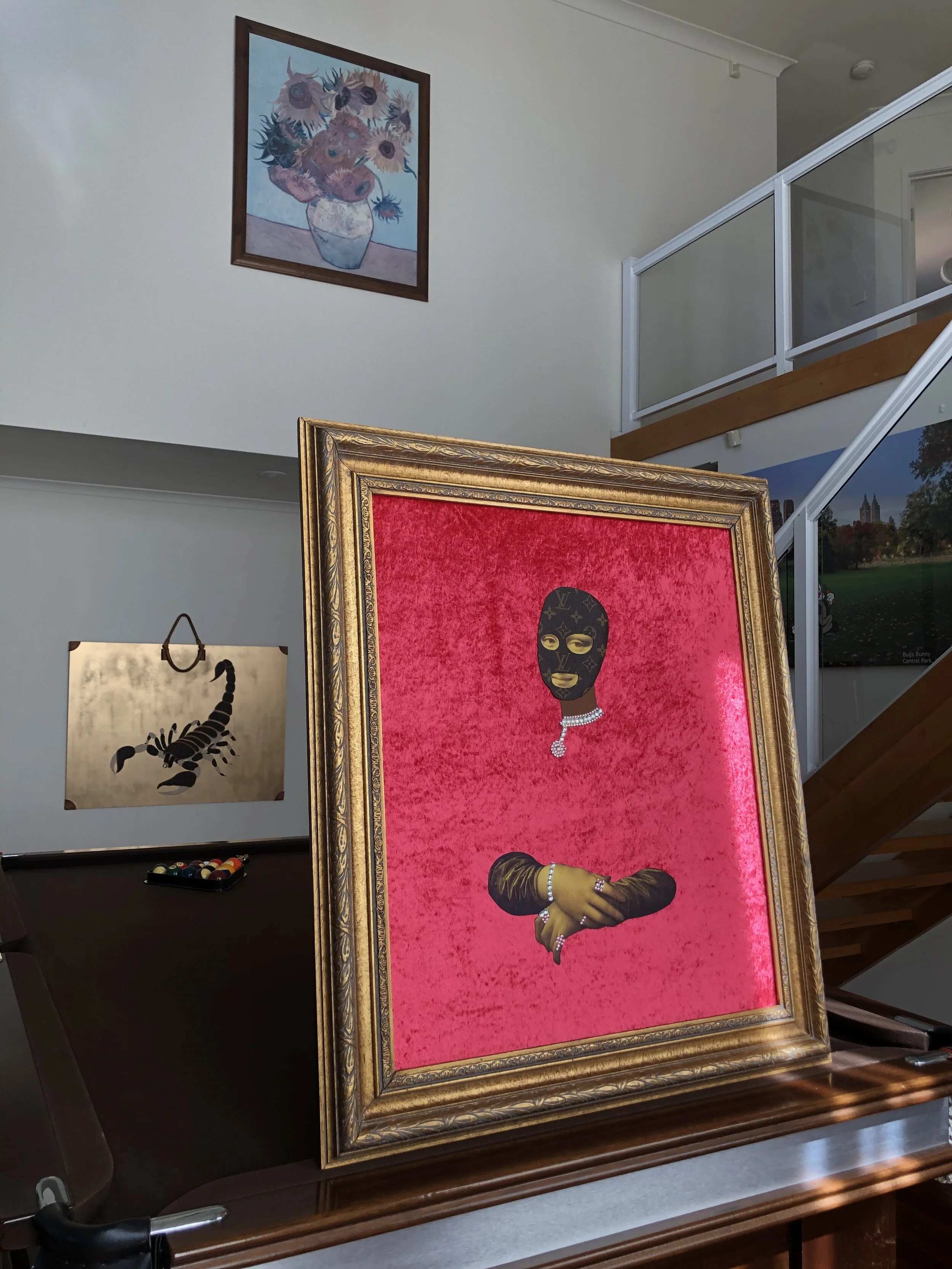 Mona ‘G’ Lisa - | 900mm x 500mm | Authentic Louis Vuitton Totally MM Monogram, Authentic Swarovski Crystal Bead Heads, Digital Print, Red Velvet Cloth on MDF finished in Gold French Provincial Frame | 2020