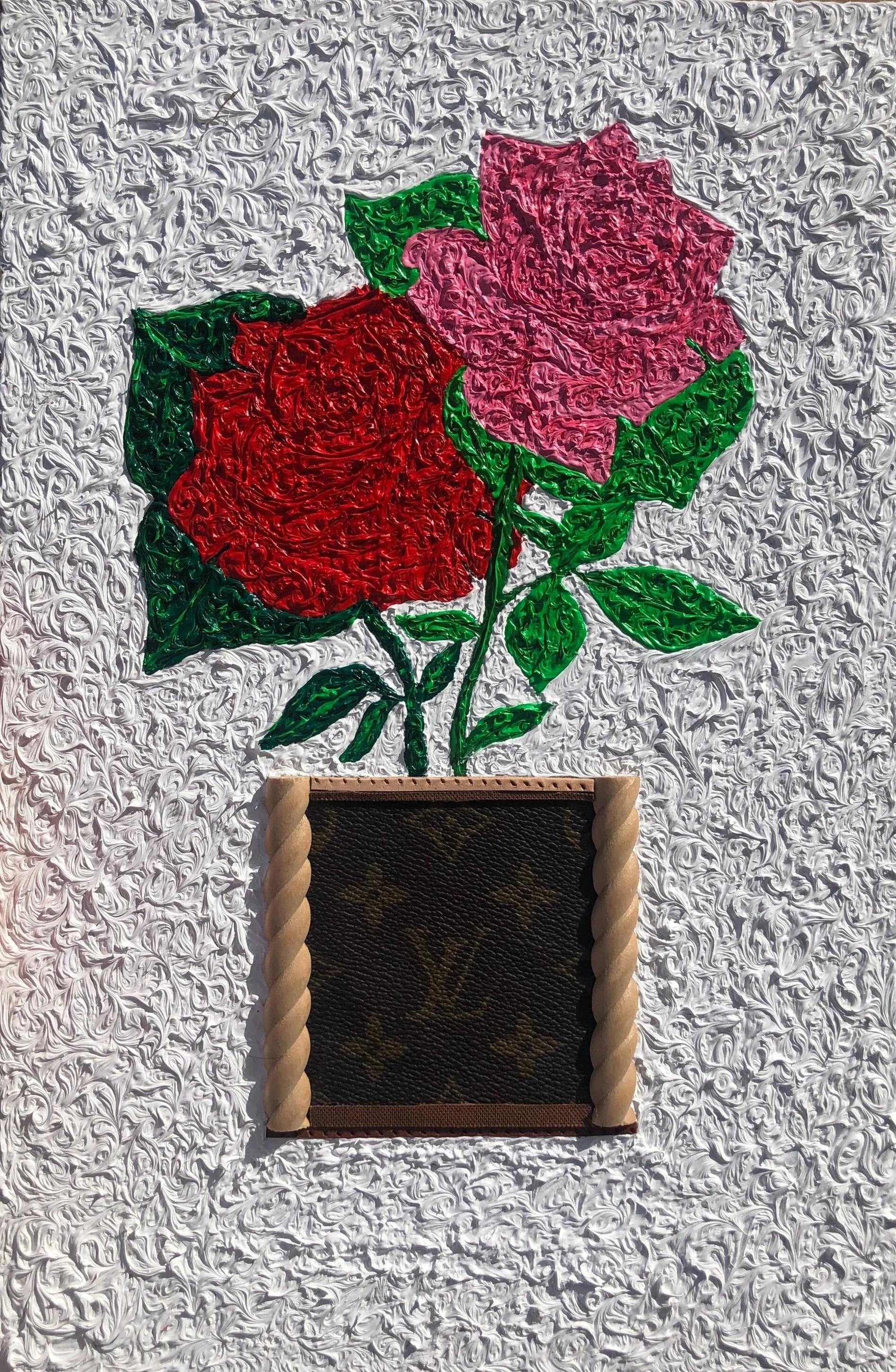 Custom Red &amp; Pink Rose XS Trunk - | 300mm x 150mm | Authentic Louis Vuitton Monogram Lockit Vertical PM, Pine Timber Architrave, Oil Paint on MDF | 2020