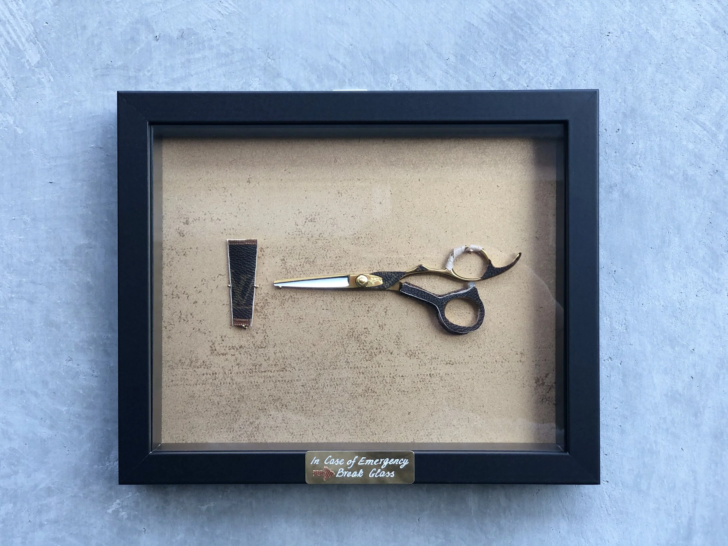 Custom Bladez (Gold Brass) Barber Scissors  - | 150mm x 150mm | Authentic Louis Vuitton Totally MM Monogram, Gold Dulux Spray Paint on MDF - Framed | 2021