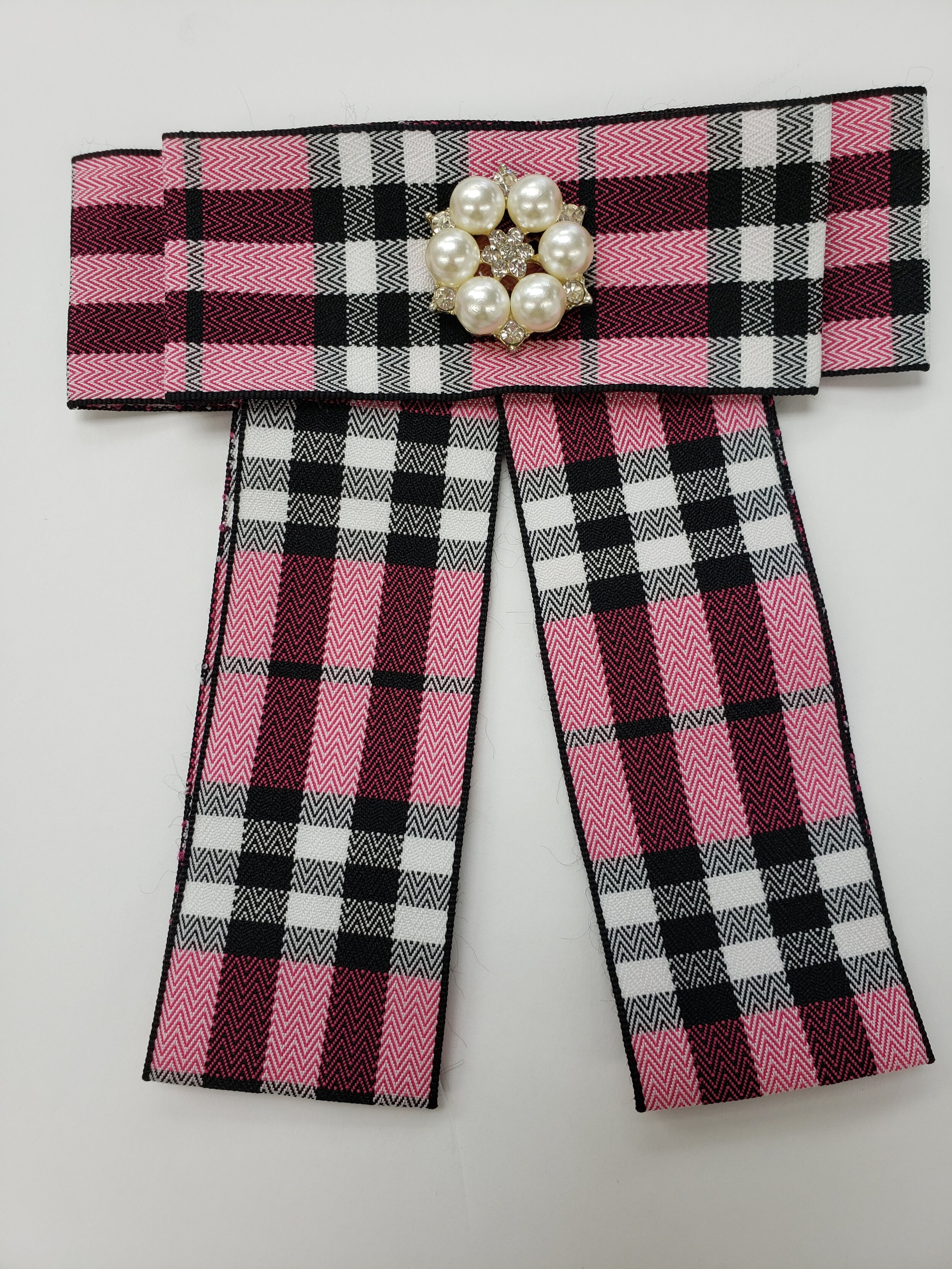 Plaid and Pearls Bowtie Brooch 