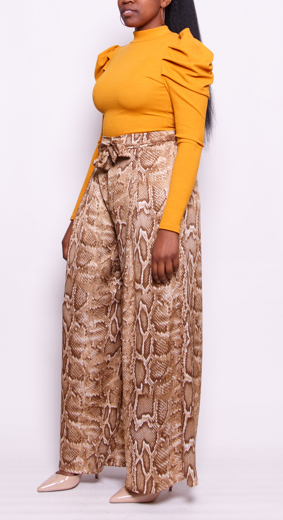 Satin Snake Skin Belted Palazzo Pant